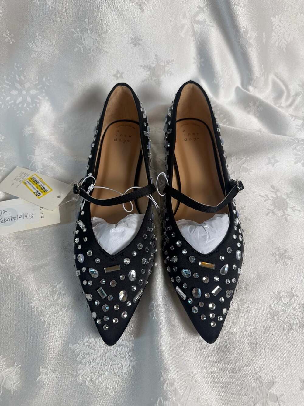 A New Day Gabriella Rhinestone Mary Jane Flats Black Pointed Toe 8.5 NWT
